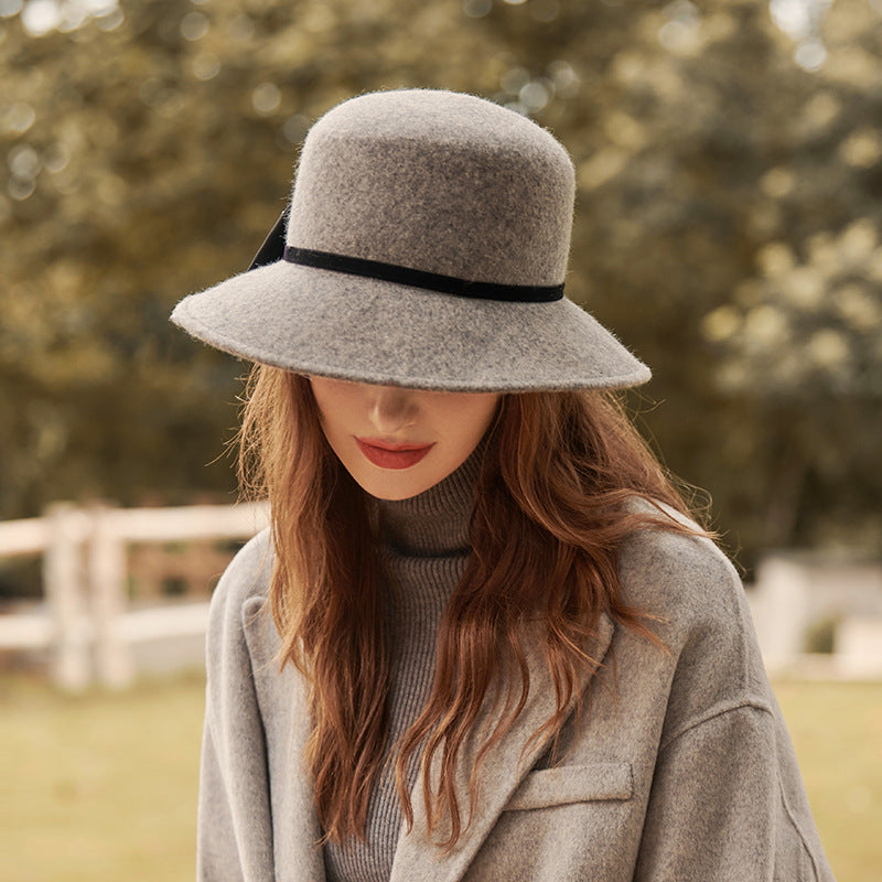 Sheep Felt Hat Bow French Basin Hat Vintage Fisherman Hat