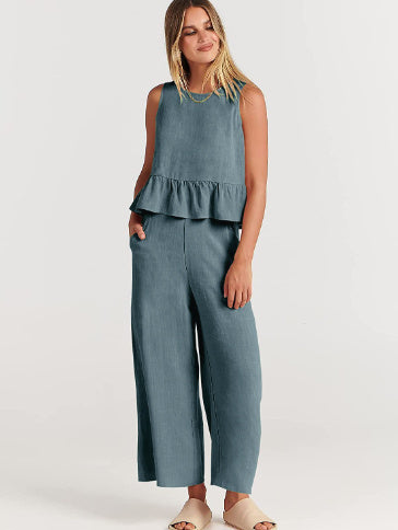 Women's Sleeveless Shirt Wide Leg Cotton And Linen Cropped Pants Set