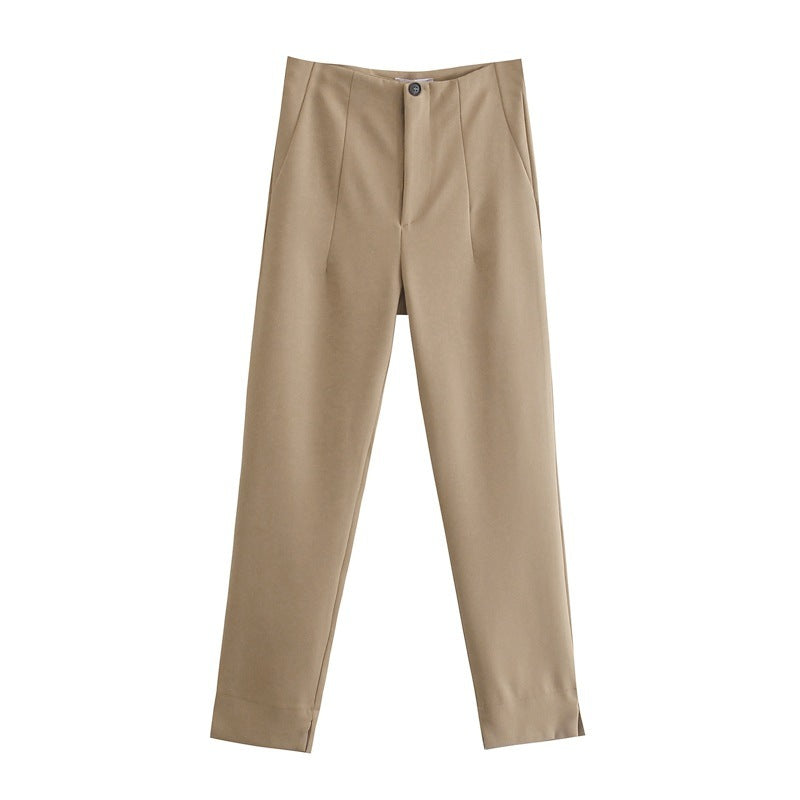Women's Spring Style Solid Color Trousers Slit High Waist Long Casual Pants