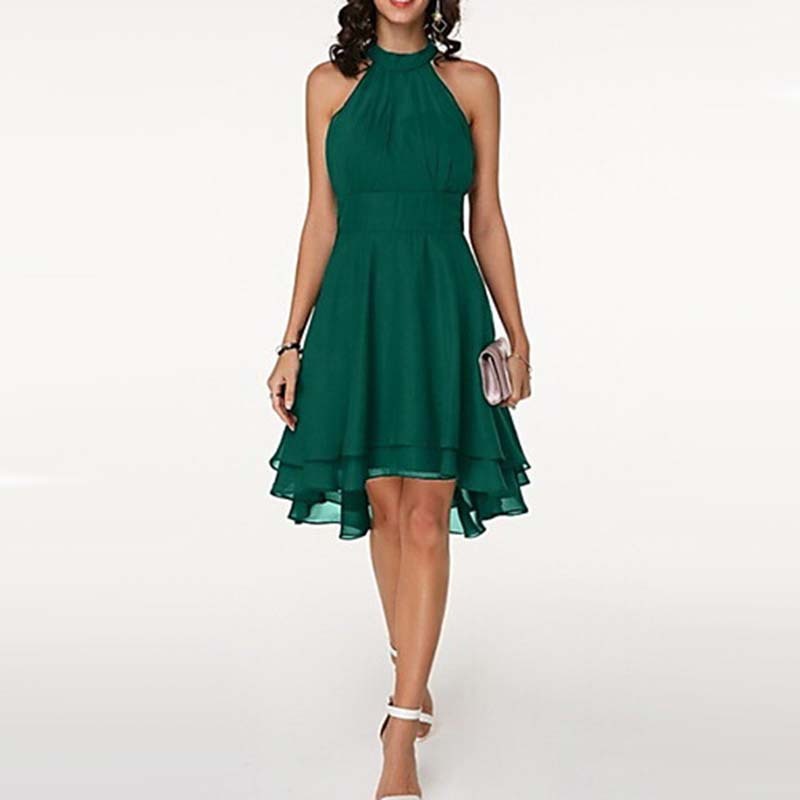 Solid Color Irregular Cut Sleeveless Chiffon Dress