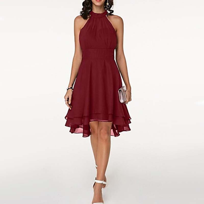 Solid Color Irregular Cut Sleeveless Chiffon Dress