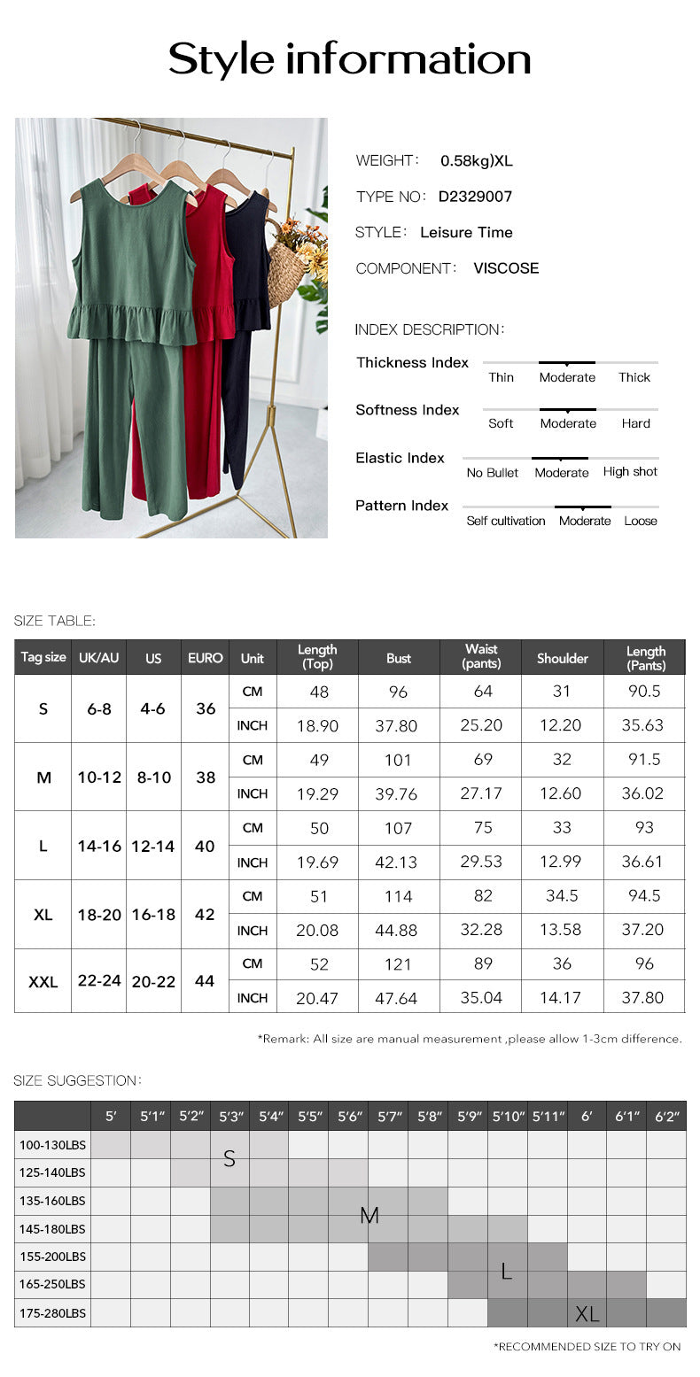 Women's Sleeveless Shirt Wide Leg Cotton And Linen Cropped Pants Set