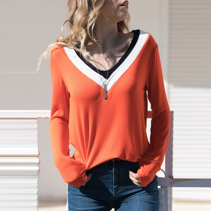 Deep V-Neck Slim Slimming Multicolor Long-Sleeved T-Shirt
