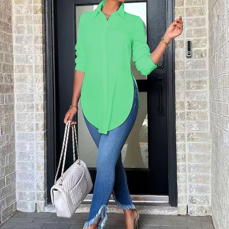 Solid Color Polo Collar Green Loose Stitching Long Sleeve
