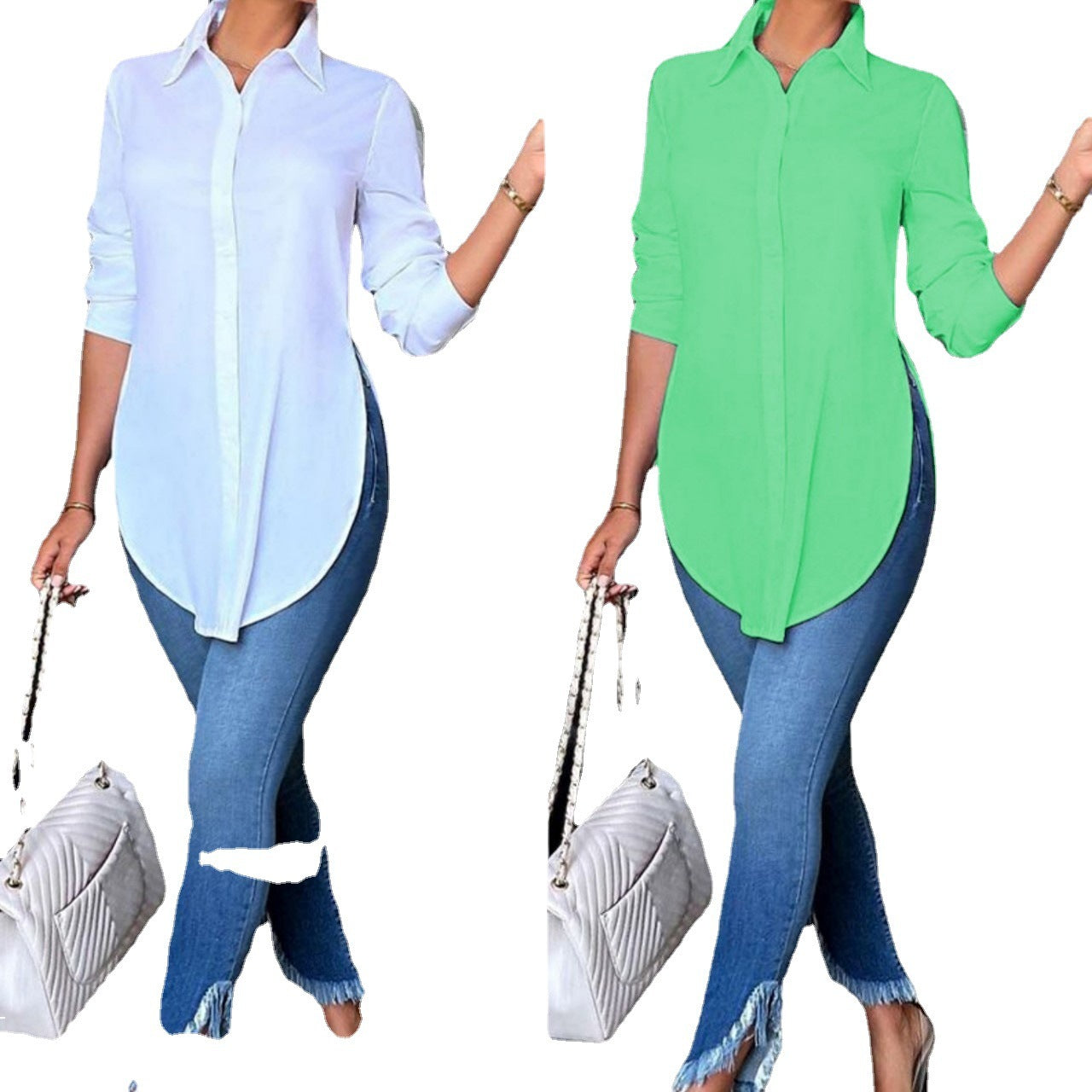 Solid Color Polo Collar Green Loose Stitching Long Sleeve