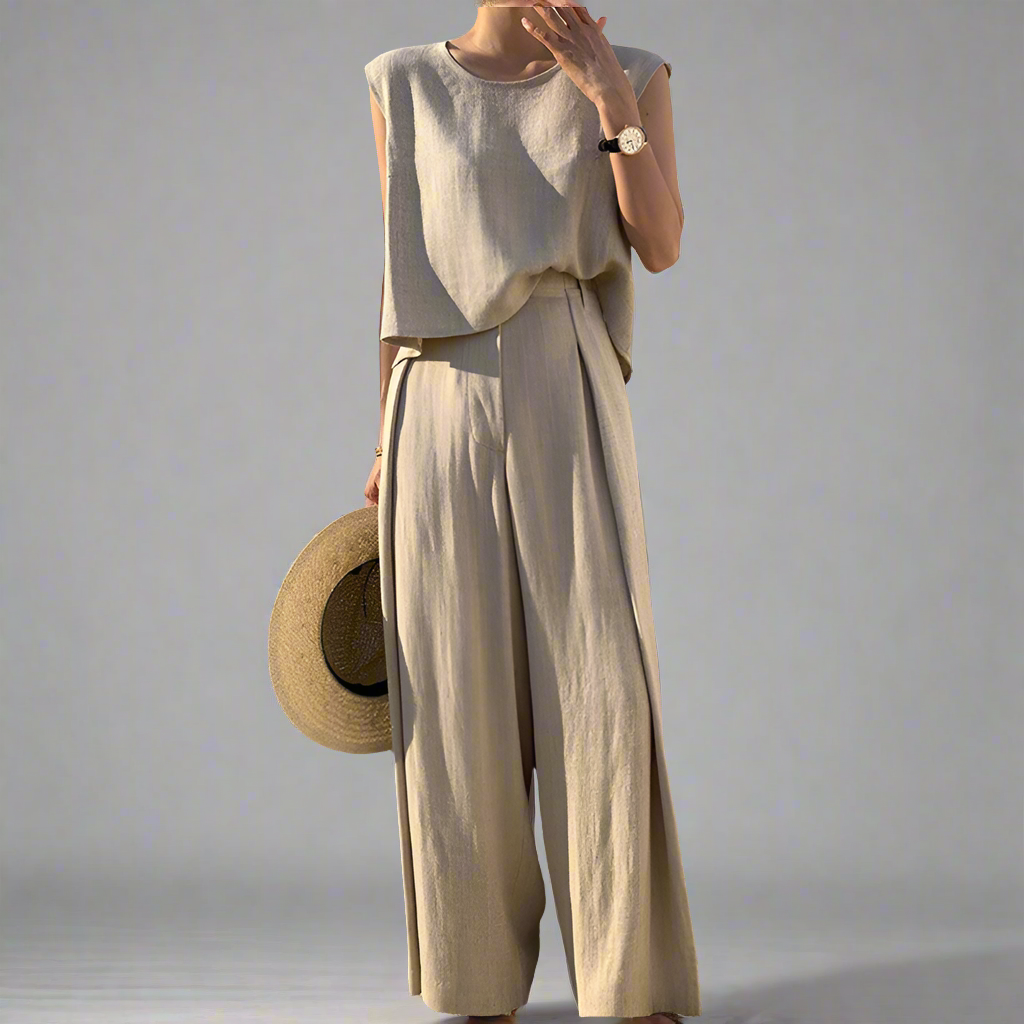 Cotton And Linen Casual Sleeveless Top Wide Leg Pants Two-piece Set