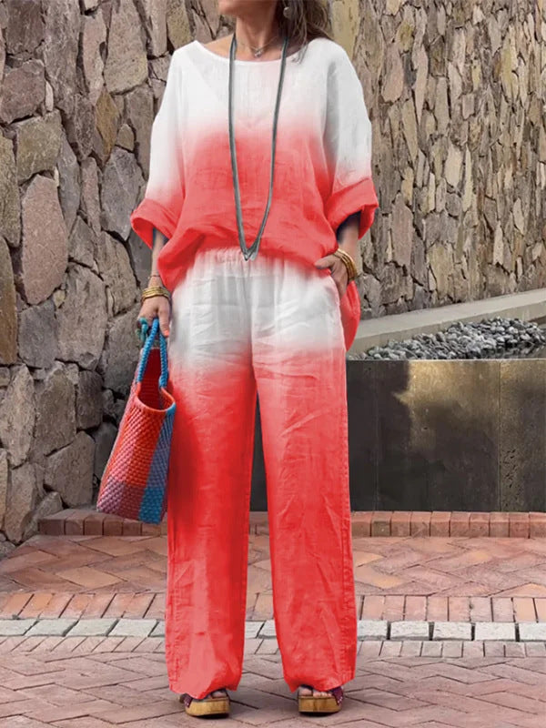 Women's Fashion Cotton Linen Gradient Two-piece Set