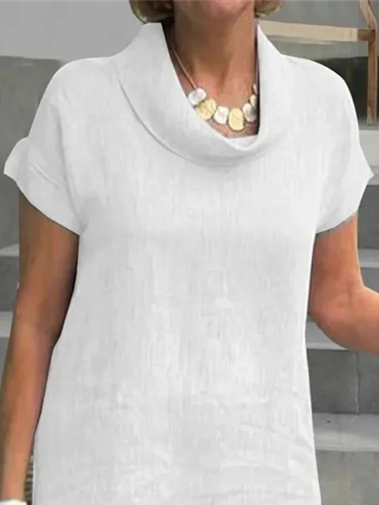 Midi Dress - Half High Neck Dress Linen Cotton