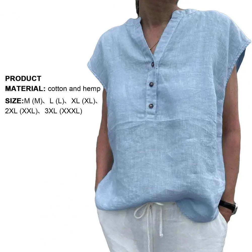 Ropa Mujer Cotton Linen - V Neck Summer Blouse Short Sleeve