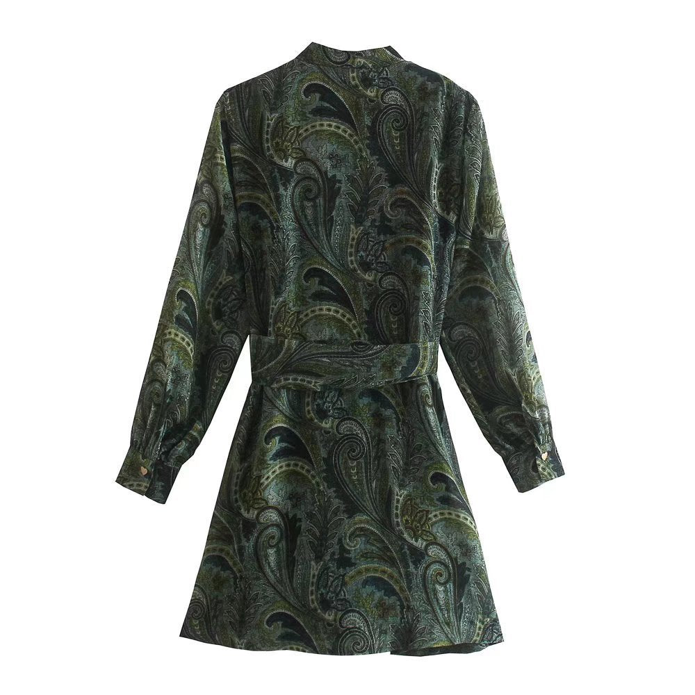 Stand Collar Thin Draped Green Print Shirt Dress