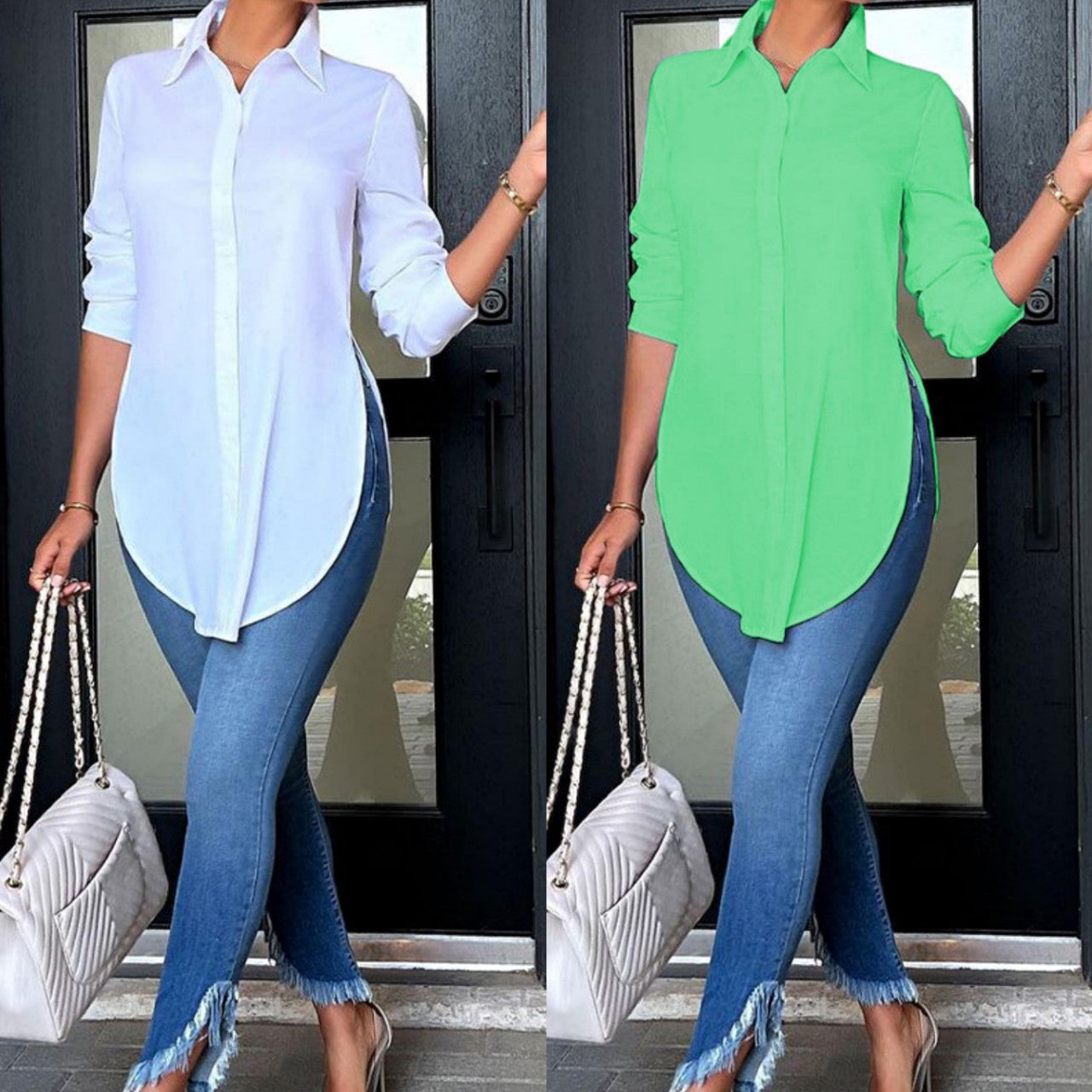 Solid Color Polo Collar Green Loose Stitching Long Sleeve