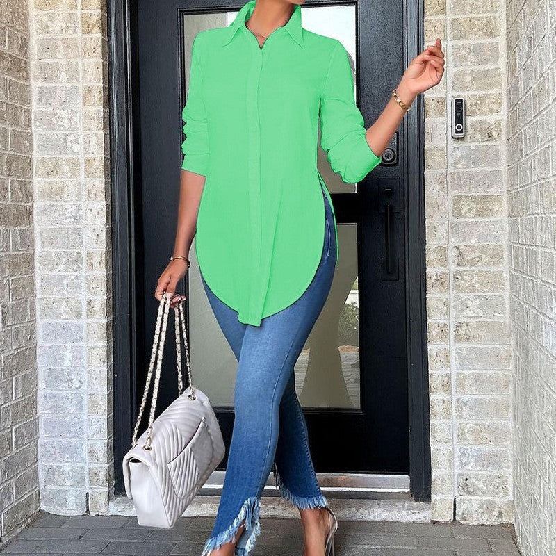 Solid Color Polo Collar Green Loose Stitching Long Sleeve