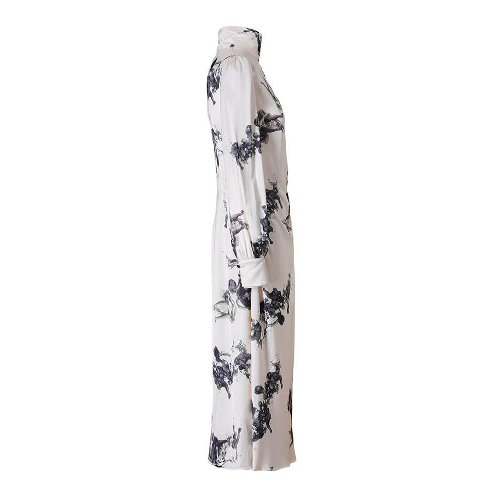 Glossy Retro Dress Women's Hollow Stand Collar