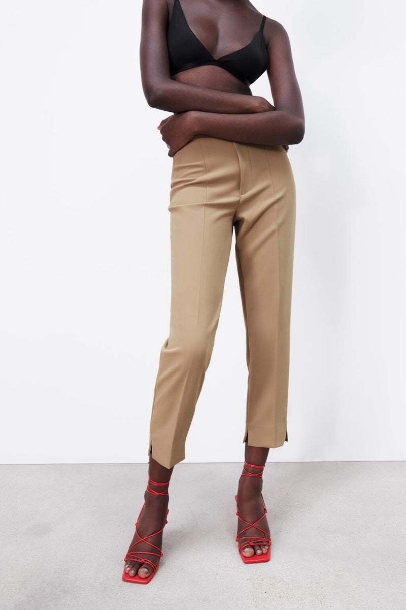 Women's Spring Style Solid Color Trousers Slit High Waist Long Casual Pants