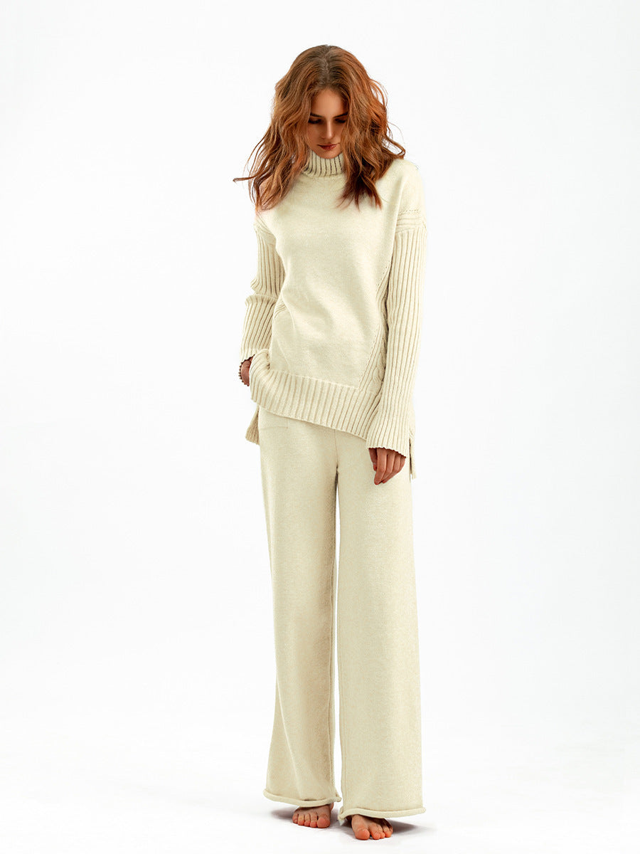 Fashionable Stylish Sweater Suit Drape Knit Wide Leg Pants Two-piece