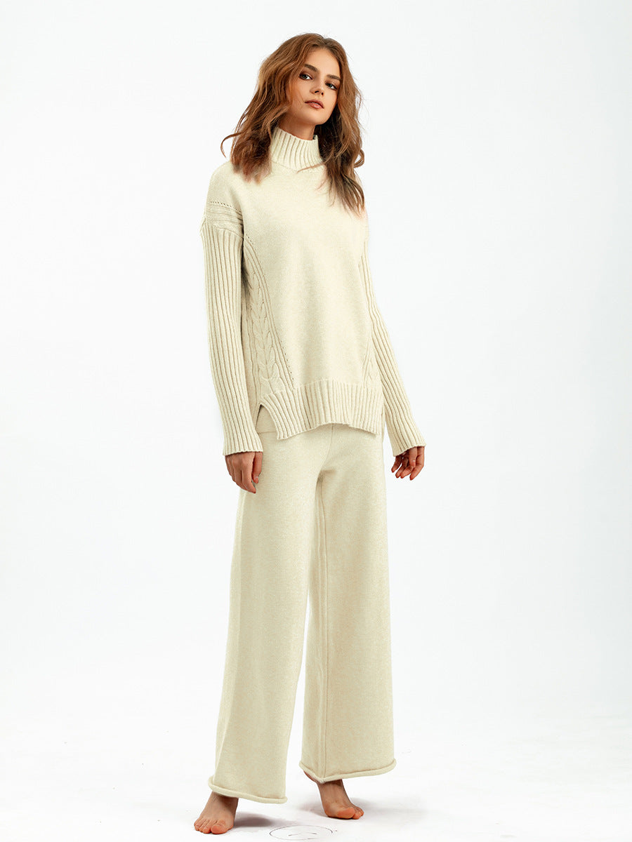 Fashionable Stylish Sweater Suit Drape Knit Wide Leg Pants Two-piece