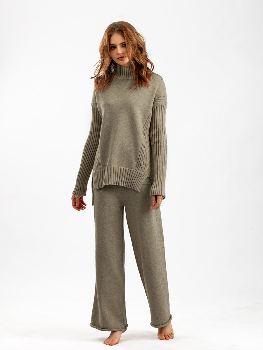 Fashionable Stylish Sweater Suit Drape Knit Wide Leg Pants Two-piece
