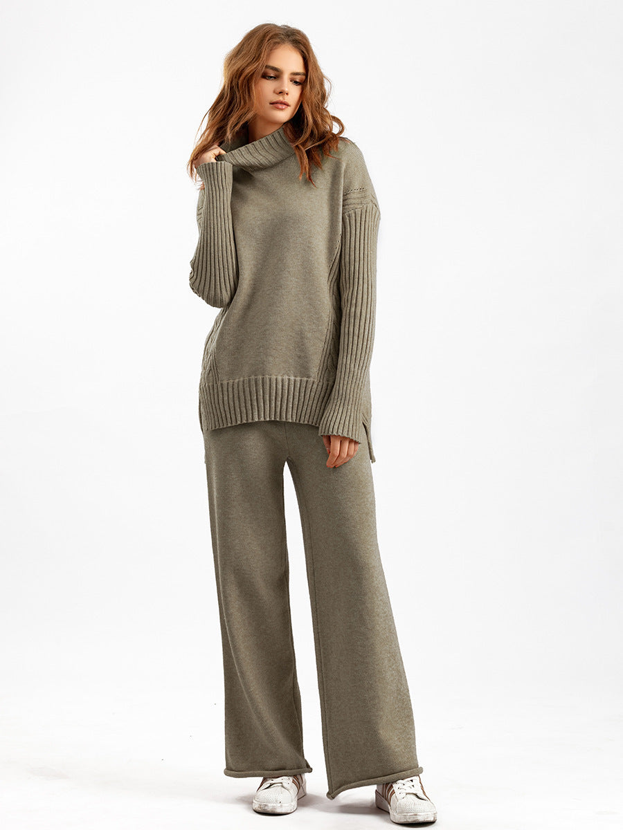 Fashionable Stylish Sweater Suit Drape Knit Wide Leg Pants Two-piece
