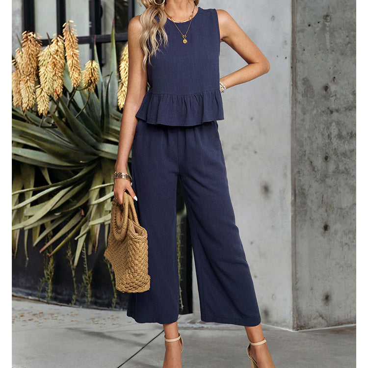 Women's Sleeveless Shirt Wide Leg Cotton And Linen Cropped Pants Set