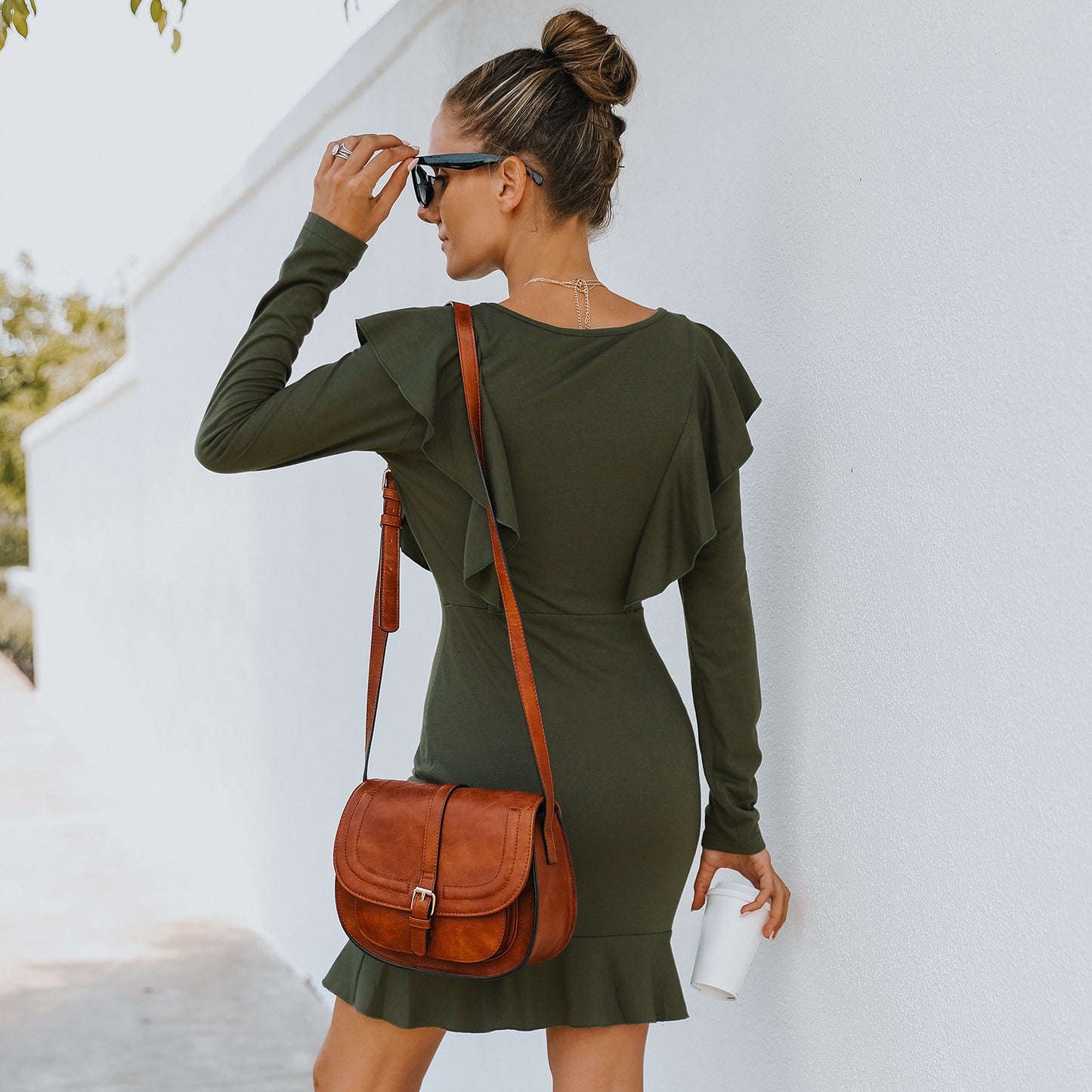 Fashion Ruffle Pullover Long Sleeve Crew Neck Dress