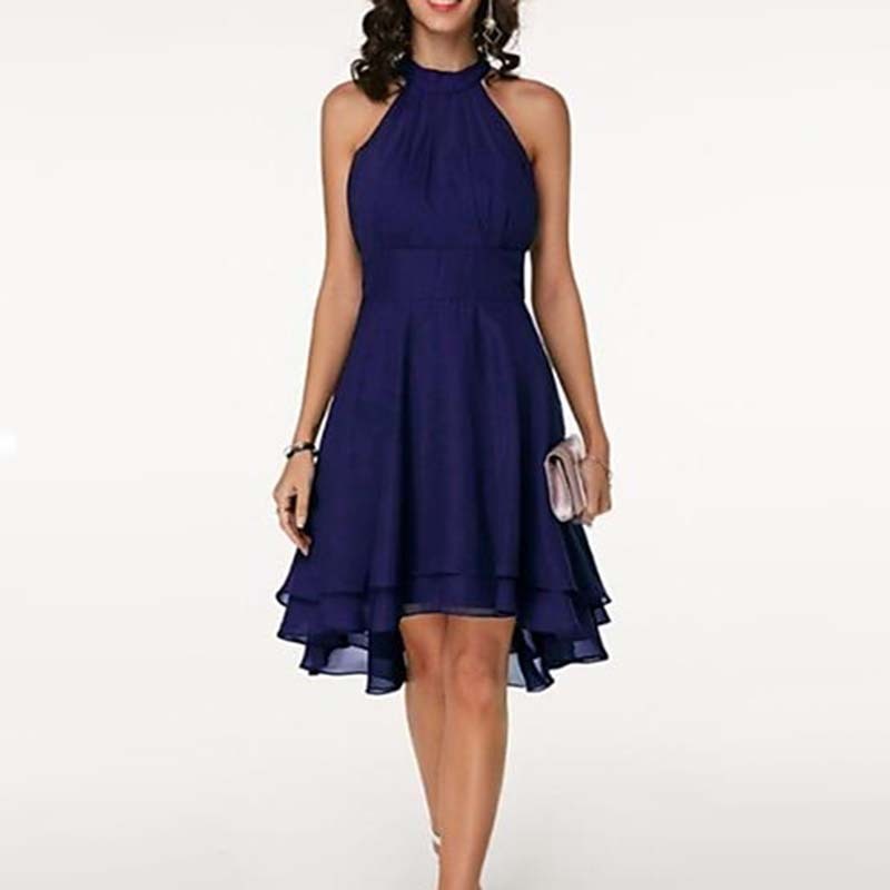 Solid Color Irregular Cut Sleeveless Chiffon Dress