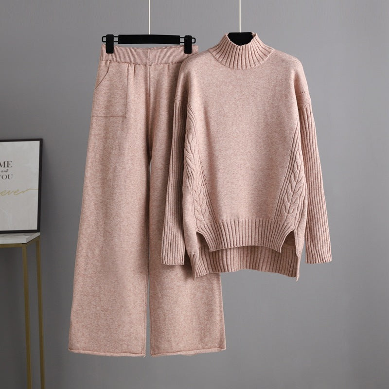 Fashionable Stylish Sweater Suit Drape Knit Wide Leg Pants Two-piece