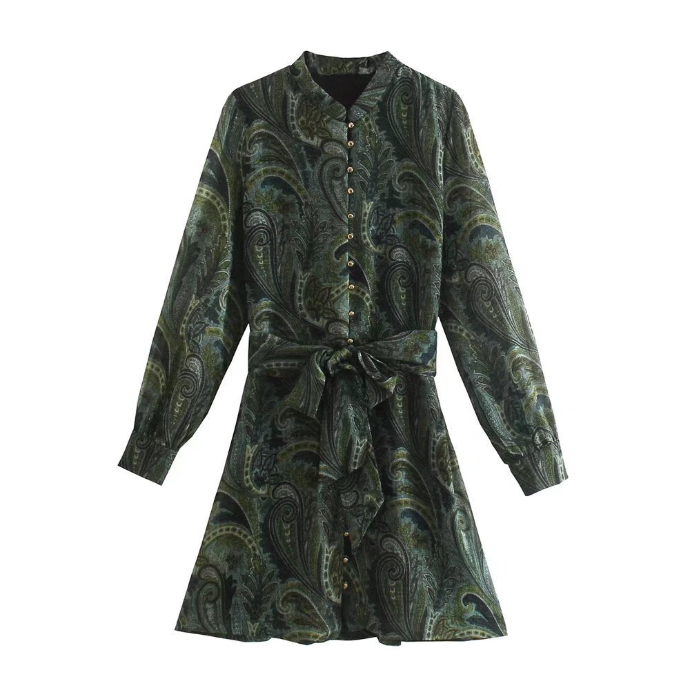 Stand Collar Thin Draped Green Print Shirt Dress