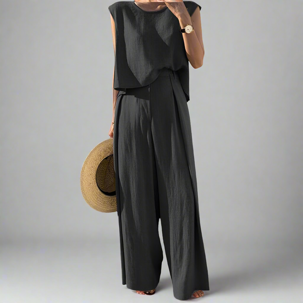 Cotton And Linen Casual Sleeveless Top Wide Leg Pants Two-piece Set