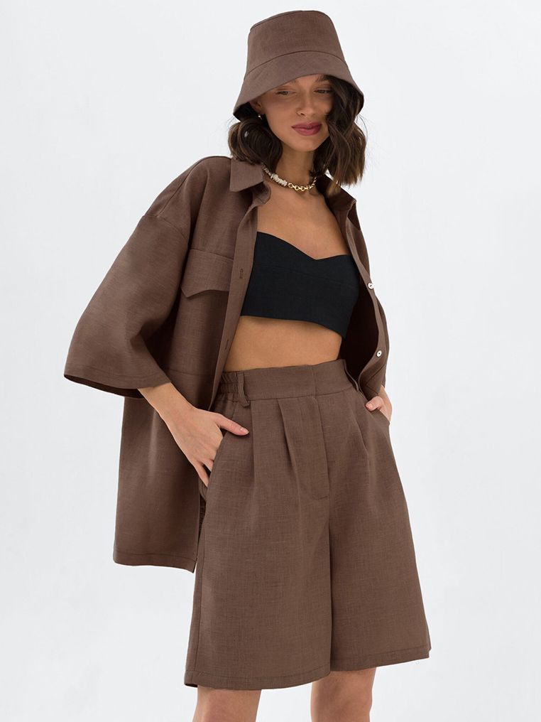 Women's Fashionable Simple Cotton And Linen Top And Shorts Two-piece Set