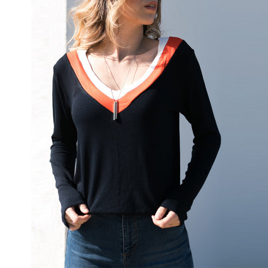 Deep V-Neck Slim Slimming Multicolor Long-Sleeved T-Shirt