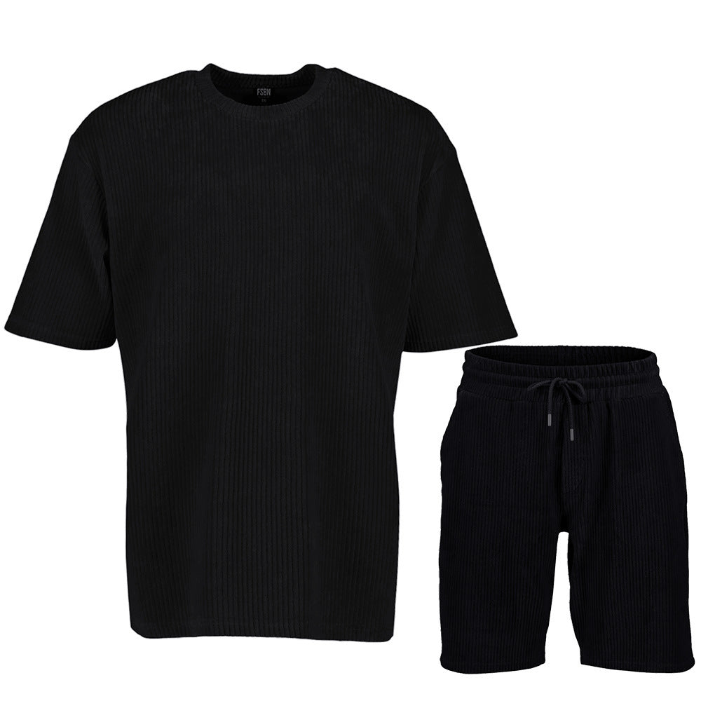 Men's Loose Solid Color Sports And Leisure Striped Set