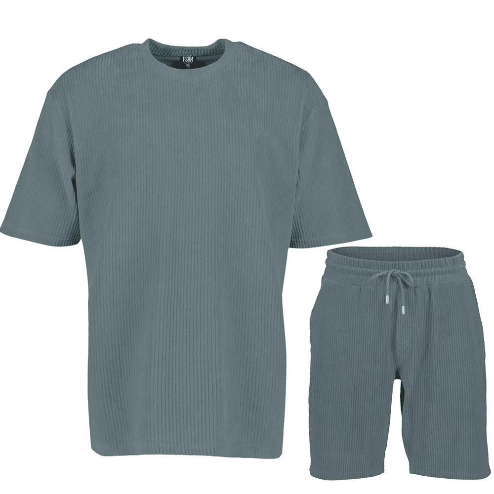 Men's Loose Solid Color Sports And Leisure Striped Set