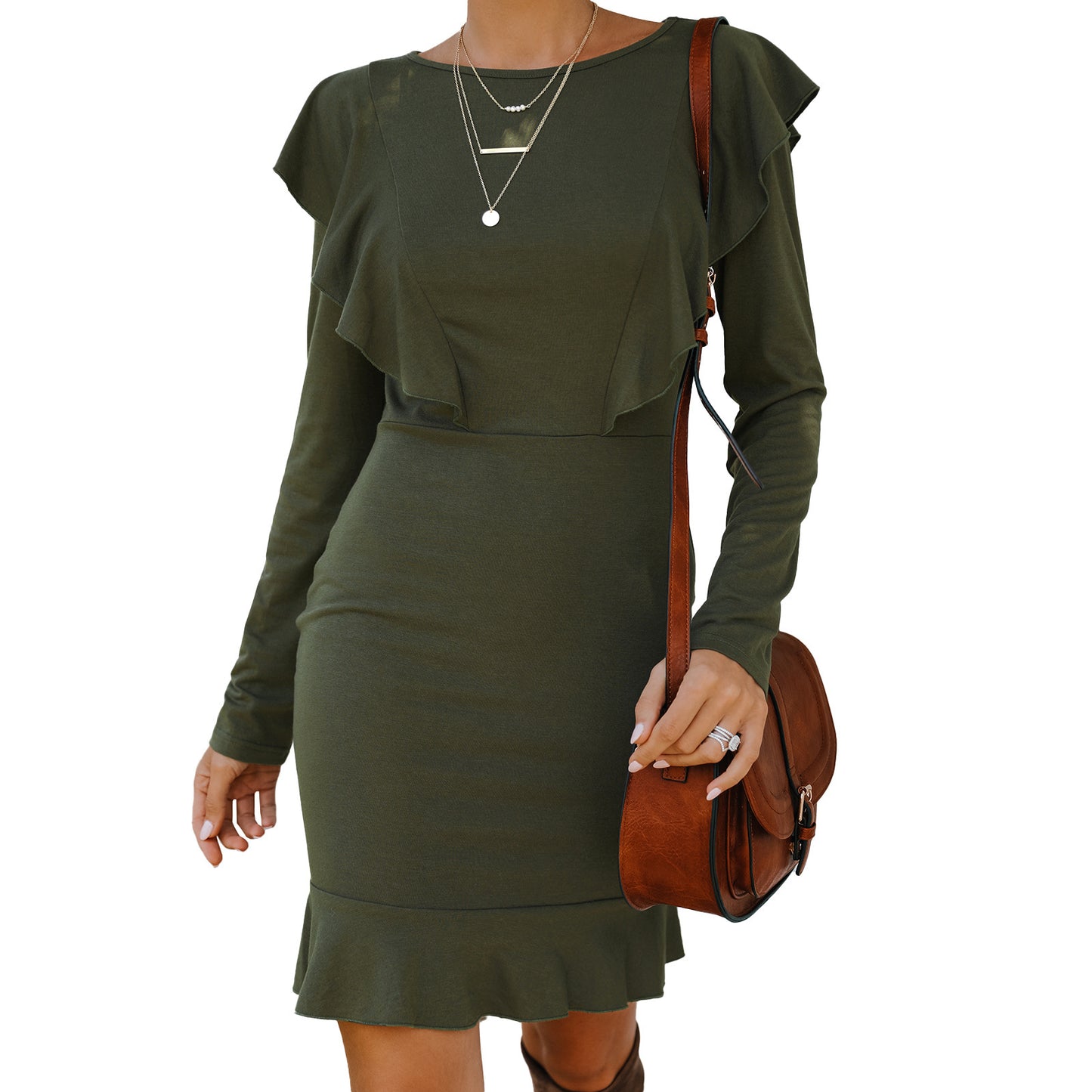 Fashion Ruffle Pullover Long Sleeve Crew Neck Dress