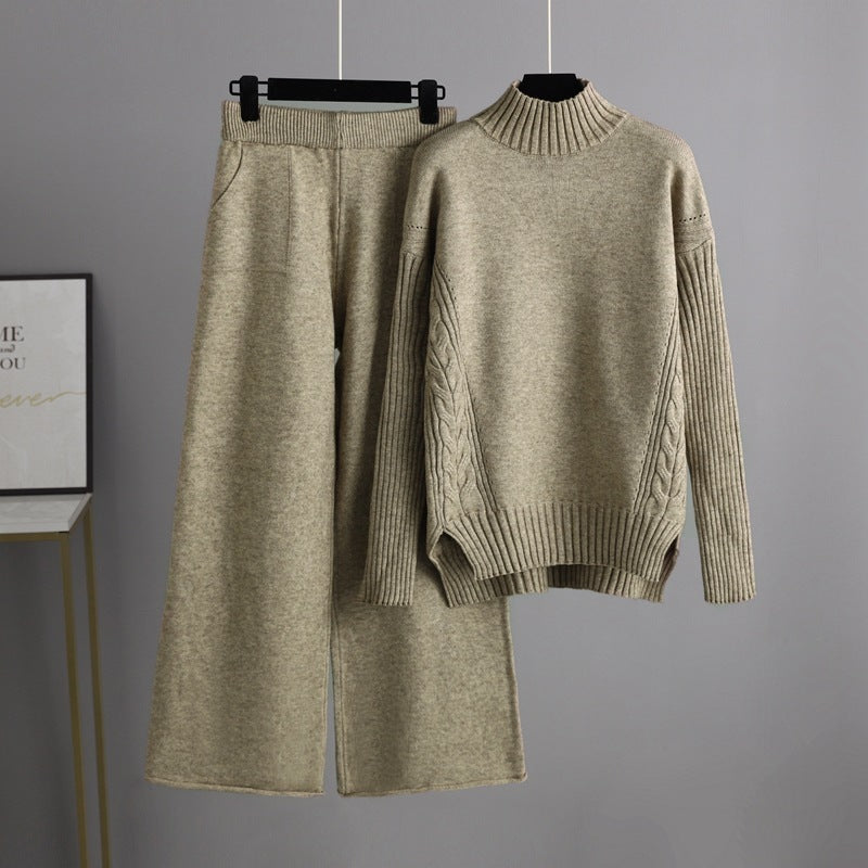 Fashionable Stylish Sweater Suit Drape Knit Wide Leg Pants Two-piece