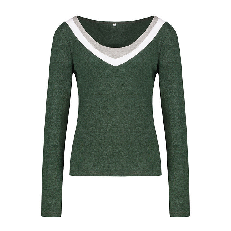 Deep V-Neck Slim Slimming Multicolor Long-Sleeved T-Shirt