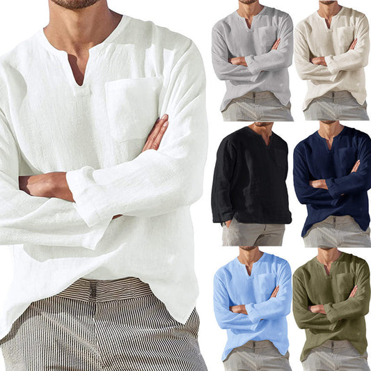 Men's Long Sleeve V-neck Casual Beach Linen