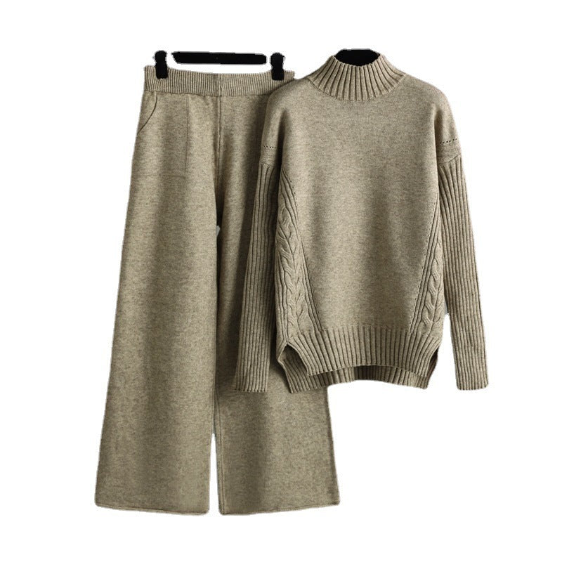 Fashionable Stylish Sweater Suit Drape Knit Wide Leg Pants Two-piece