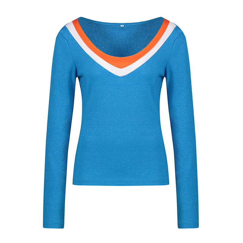Deep V-Neck Slim Slimming Multicolor Long-Sleeved T-Shirt