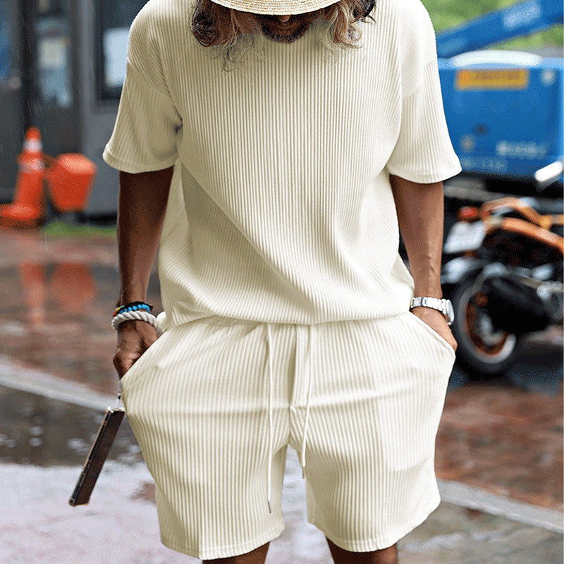 Men's Loose Solid Color Sports And Leisure Striped Set