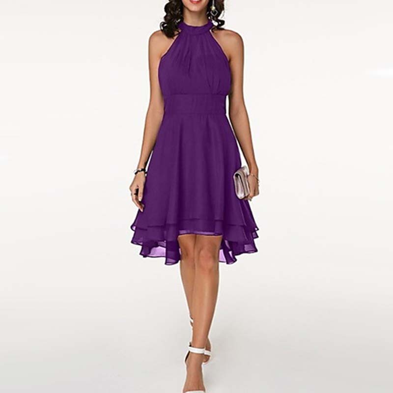 Solid Color Irregular Cut Sleeveless Chiffon Dress
