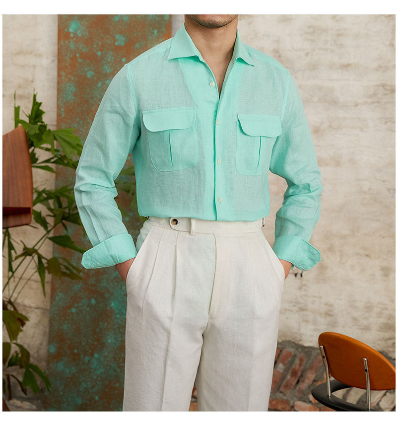 Fashion Pure Linen Breathable Retro Long Sleeve Shirt