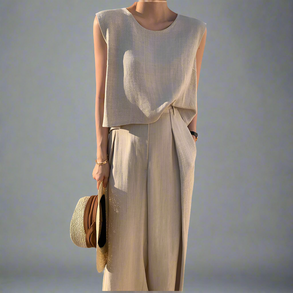 Cotton And Linen Casual Sleeveless Top Wide Leg Pants Two-piece Set