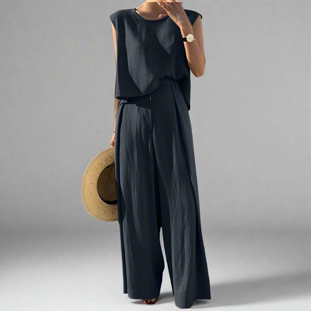 Cotton And Linen Casual Sleeveless Top Wide Leg Pants Two-piece Set