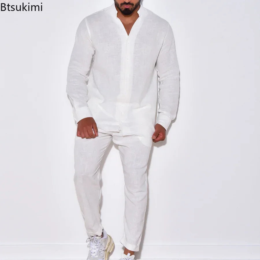 Leisure Casual Long Sleeve Shirt and Pants Sets -  Solid Cotton Linen