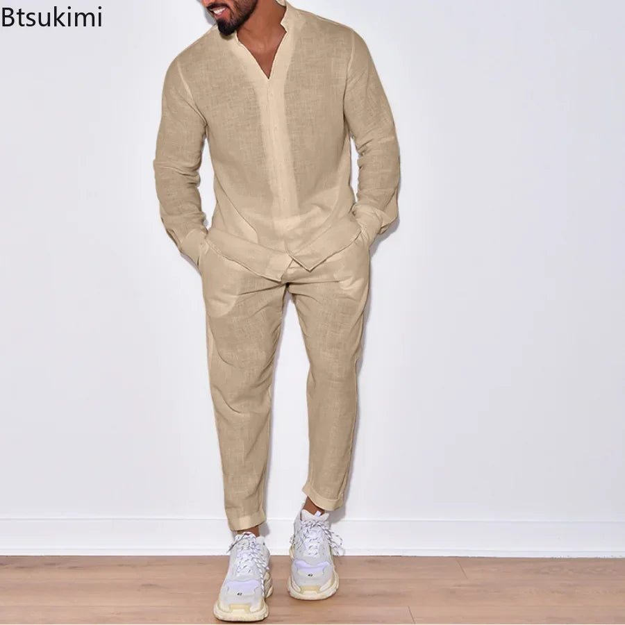 Leisure Casual Long Sleeve Shirt and Pants Sets -  Solid Cotton Linen