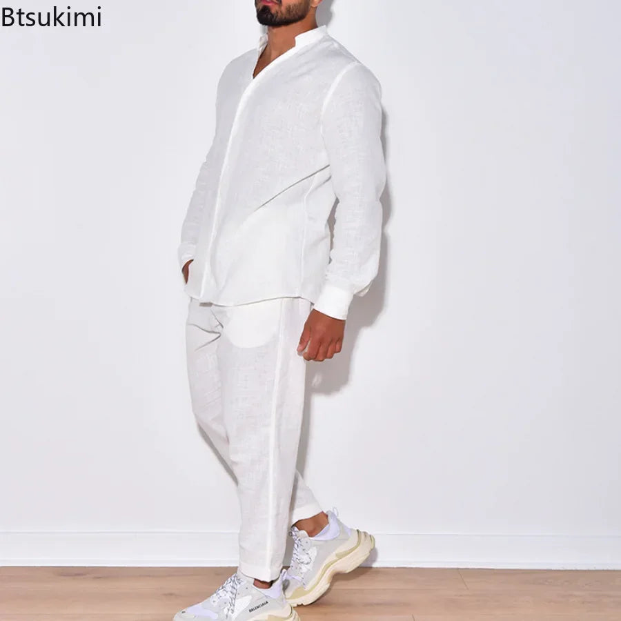 Leisure Casual Long Sleeve Shirt and Pants Sets -  Solid Cotton Linen