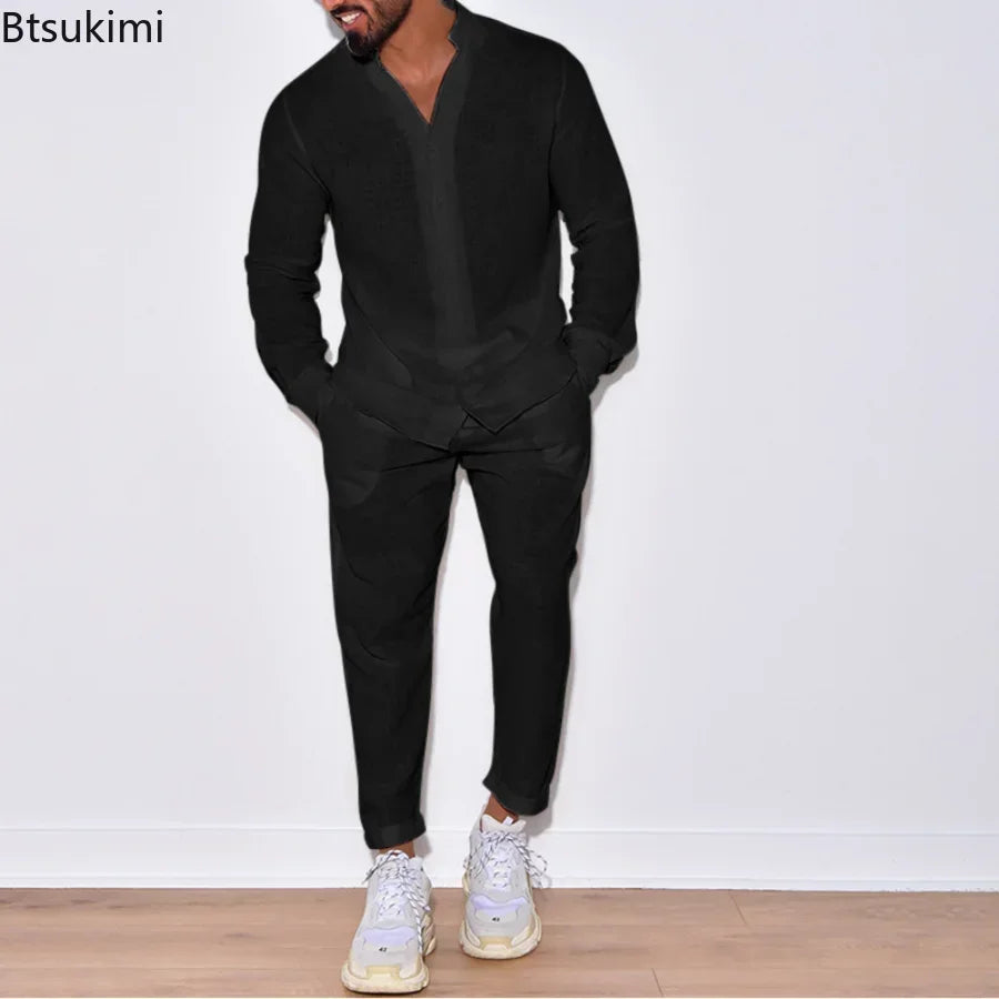 Leisure Casual Long Sleeve Shirt and Pants Sets -  Solid Cotton Linen