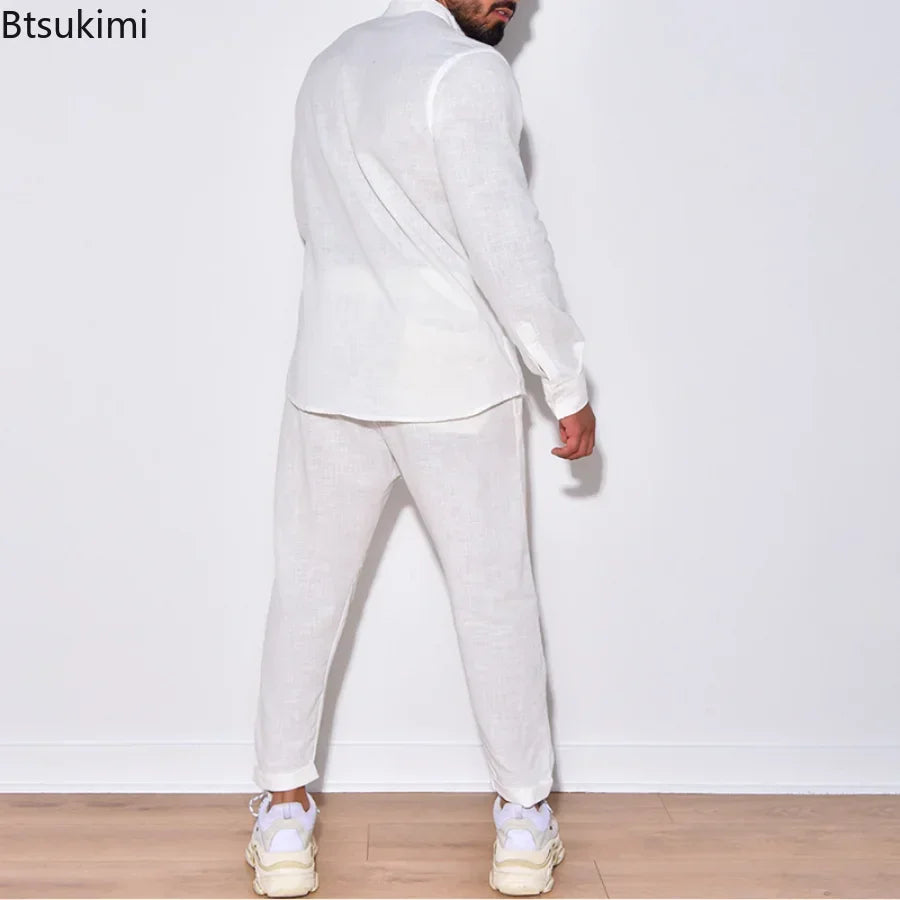 Leisure Casual Long Sleeve Shirt and Pants Sets -  Solid Cotton Linen