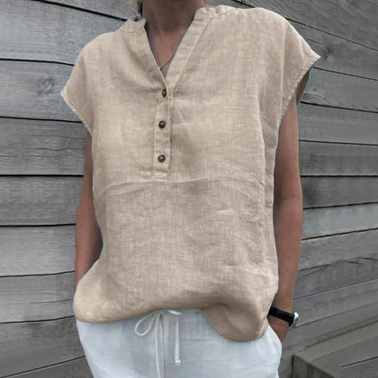 Ropa Mujer Cotton Linen  - V Neck Summer Blouse Short Sleeve