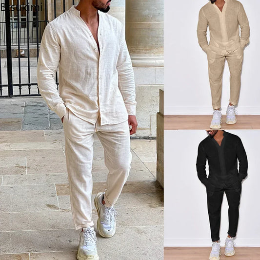 Leisure Casual Long Sleeve Shirt and Pants Sets -  Solid Cotton Linen